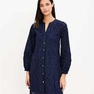 Loft Women’s Navy blue eyelet lace trim cotton swing dress Size Small